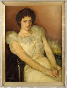 A Three-quarter Length Portrait Of A Young Woman Wearing A Lace-trimmed Evening Gown, Seated In A Chair