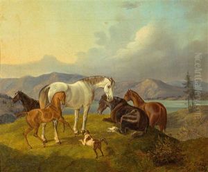 Pferde Auf Der Koppel Vor Seen-/hugellandschaft An Einem Sommertag by Otto Stotz