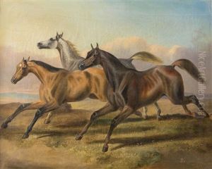 2 Bilder: A) Drei Ungesattelte Pferde Im Galopp In Sommerlicher Landschaft, B) Drei Stehende Ungesattelte Pferde In Landschaft by Otto Stotz