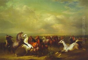 Shagya Arab Horses Being Herded Before The Military School, Babolna, Hungary by Otto Stotz