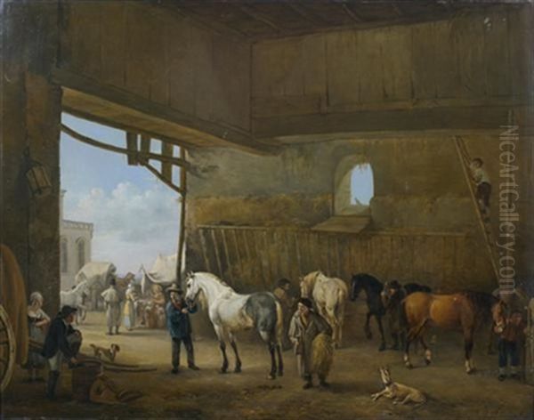 Interieur D'ecurie Anime De Chevaux Et Palefreniers - view 1