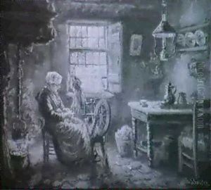 Bauernhausintereur Mit Alter Frau Am Spinnrad