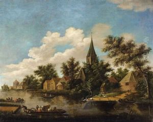 Dutch River Landscape With A Village And Figures by Lambert Hendriksz van der Straaten