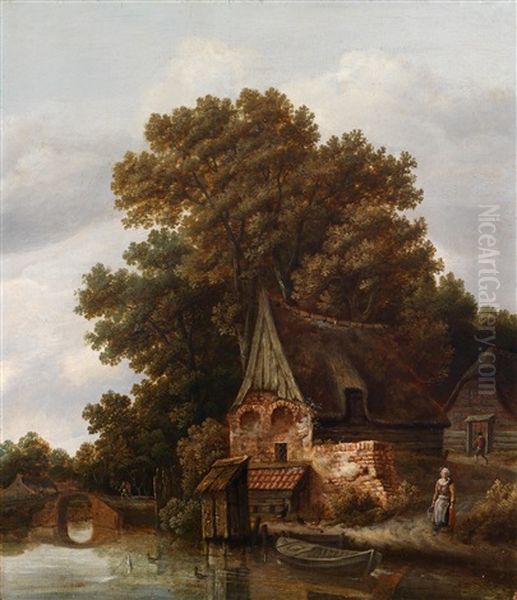 Eine Bewaldete Flusslandschaft Mit Einer Muhle Und Figurenstaffage - view 1