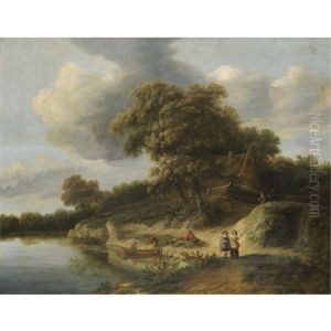 A River Landscape With Figures In Rowing Boats And An Elegant Couple On The River Bank by Lambert Hendriksz van der Straaten