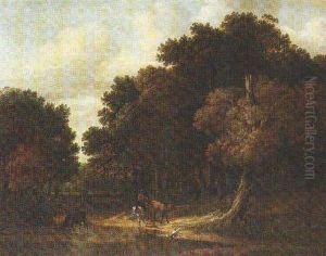 A Wooded Landscape With A Herdsman Watering His Cattle At A Pool by Lambert Hendriksz van der Straaten
