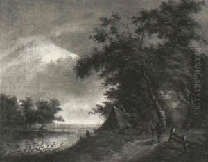 Thatched Cottage On A Lakeshore With Travellers