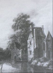 Peasants By A Stream Beneath A Tower by Lambert Hendriksz van der Straaten