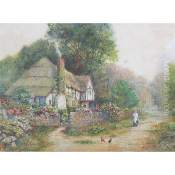 Figure And Chickens In Lane Outside A Thatched Country Cottage - view 1