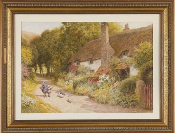 Cottage And Garden With Two Girls And Geese - view 1