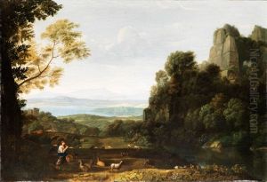 Arkadische Ideallandschaft Mit Flote Spielendem Hirten Auf Einer Anhohe Uber Einem See by Ludwig Philipp Strack