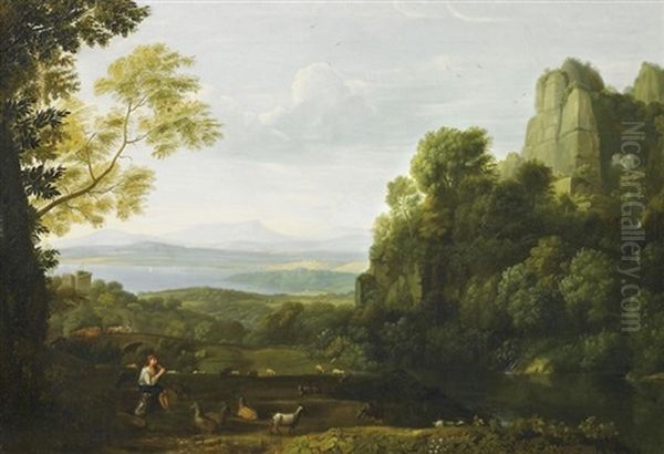 Ideale Flusslandschaft Mit Brucke Und Hirte - view 1