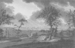 Niederdeutsche Landschaft (?) Mit Blick Auf Ein Kleines Stadtchen Mit Zwei Bockwindmuhlen Niederdeutsche Landschaft (?) Mit Blick Auf Ein Kleines Stadtchen Mit Zwei Bockwindmuhlen
