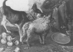 Twee Honden Bij Hun Drinkbakje by Lodovicus Ignatius (Louis) Stracke