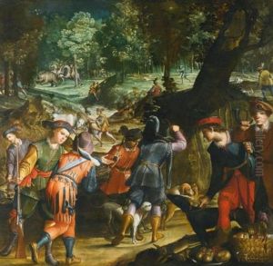 Caccia All'elefante; An Extensive Landscape With An Elephant Hunt by Jan van der Straet