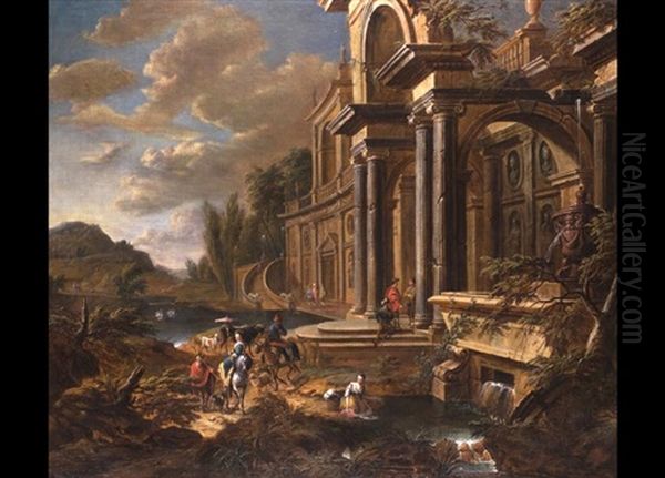Renaissancepalast An Einem Fluss Mit Zahlreicher Figurenstaffage - view 1