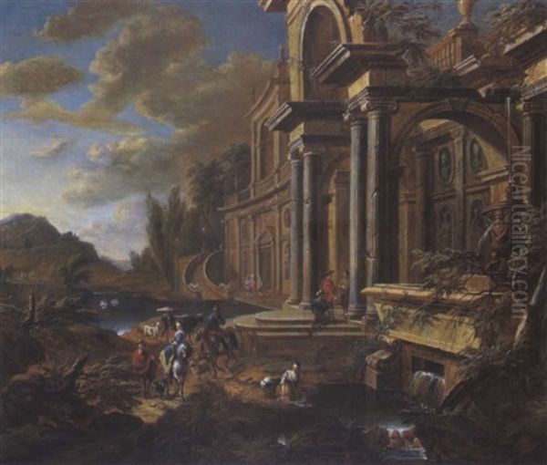 Renaissancepalast An Einem Fluss Mit Eleganten Figuren, Reitern Und Einem Hirten Mit Herde - view 1