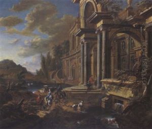 Renaissancepalast An Einem Fluss Mit Eleganten Figuren, Reitern Und Einem Hirten Mit Herde by Jan Baptist Van Der Straeten