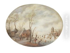 A Winter Landscape With Figures Ice Skating And Playing Kolf