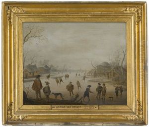 A Winter Scene With Figures Skating On A Frozen River by Anthonie van Stralen
