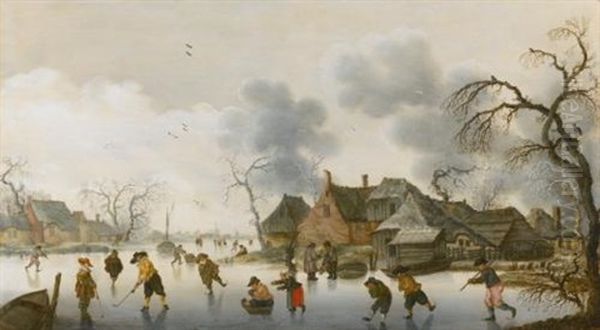 Winter Scene With Skaters And Kolfers On The Ice - view 1