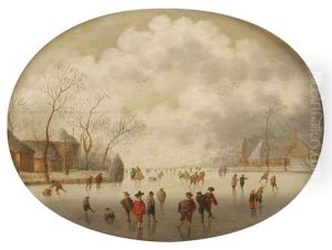 A Winterlandscape With Figures Skating And Sleighing On A Frozen River Near A Village