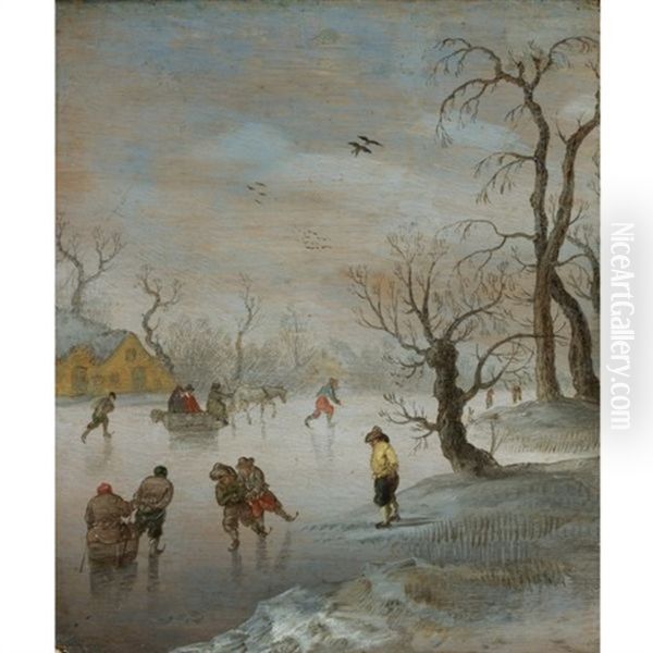 Skaters And A Horse-drawn Sledge On A Frozen Waterway - view 1