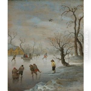 Skaters And A Horse-drawn Sledge On A Frozen Waterway by Anthonie van Stralen