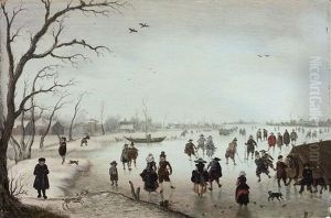 A Winter Landscape With Figures Skating And Making Merry On A Frozen River by Anthonie van Stralen
