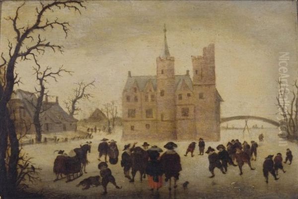 A Winter Landscape With Figures Skating Before A Manor - view 1