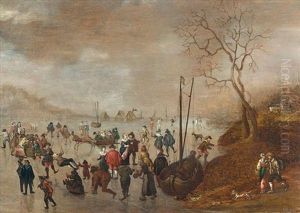 A Winter Landscape With Figures Skating On A Frozen River