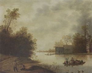 A River Landscape With A Ferry And Figures Resting In The Foreground, Farms Beyond