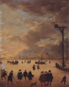 A Winter Landscape With Elegant Figures Skating And Playing Kolf On A Frozen River