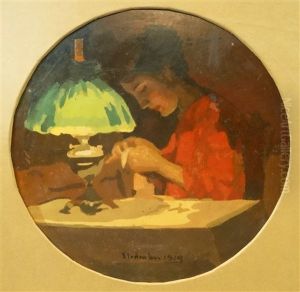 Woman Sewing by Ipolit Strambulescu (Strambu)
