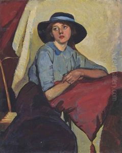 Portrait Of A Young Girl Seated, Three-quarter Length, Wearing A Blue Dress And Wide-brim Hat by William Strang