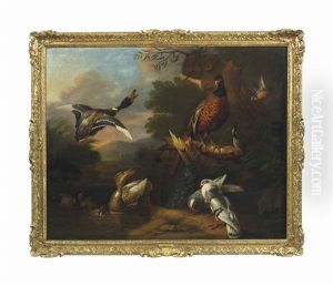A Pheasant, Pigeons, Ducklings, And Kingfishers With A Mallard Taking Flight At A Wooded Pool, A Landscape Beyond