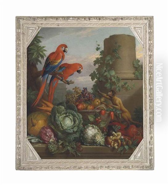 Two Scarlet Macaws Perched On A Tree Branch By A Monkey And A Basket Of Fruit And Vegetables On A Ledge, In A Classical Landscape With Ruins - view 1