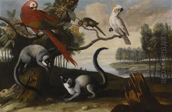 Lemurs, A Scarlet Macaw, A Red-billed Parrot And A Cockatoo, In An Exotic Landscape - view 1
