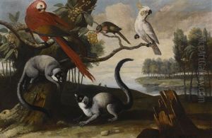 Lemurs, A Scarlet Macaw, A Red-billed Parrot And A Cockatoo, In An Exotic Landscape