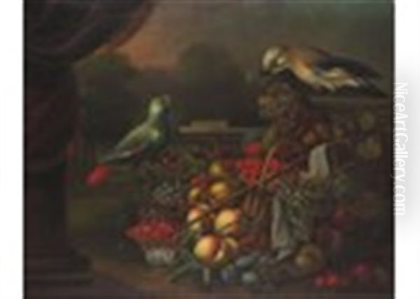 Still Life Of Fruit With A Basket And Bowl And A Parrot And Jay - view 1
