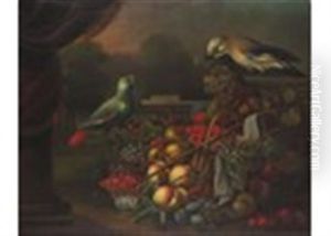 Still Life Of Fruit With A Basket And Bowl And A Parrot And Jay