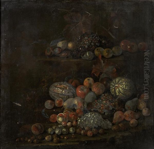 Melons, Apples And Other Fruit On Stone Ledges - view 1