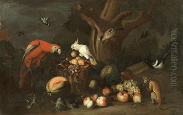 A Scarlet Macaw And A Cockatoo With A Basket Of Fruit - view 1
