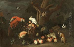 A Scarlet Macaw And A Cockatoo With A Basket Of Fruit