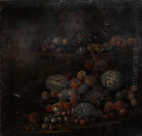 Melons, Grapes, Apples, Peaches And Other Fruit On Stone Ledges - view 1