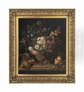 A Still Life With Peonies, Roses, Blue And Yellow Irises, Orchids, Daisies And Other Flowers In An Ornate Urn, On A Table With Grapes, Apples, Honeysuckle And Cherries