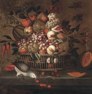 Grapes, Peaches, Pears, Gooseberries, Plums And Other Fruits In A Basket With An Open Melon And A Parrot On A Stone Ledge