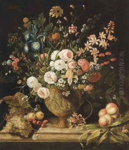 A Still Life With Peonies, Roses, Blue And Yellow Irises, Orchids, Daisies And Other Flowers In An Ornate Urn, On A Table With Grapes, Apples, Honeysuckle And Cherries