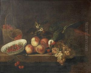 A Dish Of Strawberries And A Parrot, With Peaches And Grapes On A Table Top by Tobias Stranovius