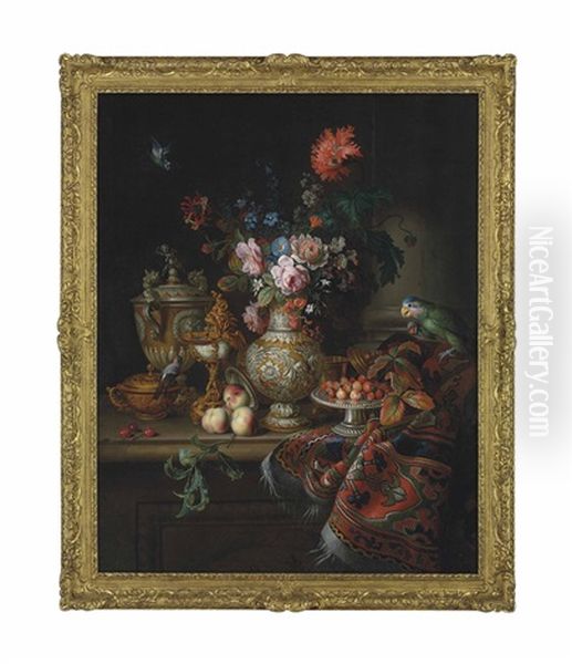 Roses, Carnations, Morning Glories And Flowers In A Parcel-gilt Vase, A Nautilus Shell Goblet, A Parcel-gilt Two Handled Cup And Porringer, Strawberries On A Tazza With Other Utensils With A Green Parrot And Chaffinch On A Partly Draped Stone Ledge - view 1